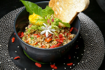 Healthy organic quinoa salad, Modern creative restaurant meal, exquisite dish, haute couture food	