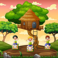 Children playing under the treehouse