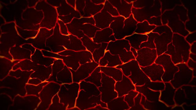 Dark background with red cracked ground. Smoke, Fog, Dust. Loop animation of molten lava. Earth surface. Heat burning floor.