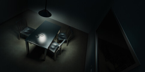 Dramatic lit scene of a police interrogation room / 3D rendering, illustration - 354494908