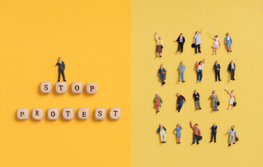 Miniature people. Protest affect business and social on yellow background. Stop protesting campaign concept.