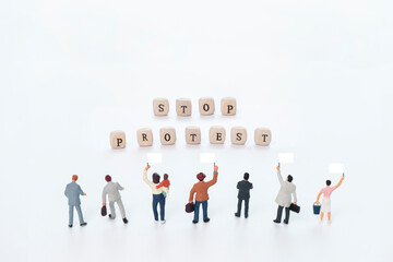 Miniature people. Protest affect business and social on white background. Stop protesting campaign concept.