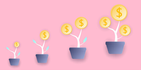Finance And Investment Concept, money savings, Growing Money, Coins on plant, Isolated on pink  background. vector illustration. eps10.
