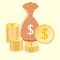 Money bag and dollar coin gold icon, pile medal dollar, Isolated on yellow background. Vector.