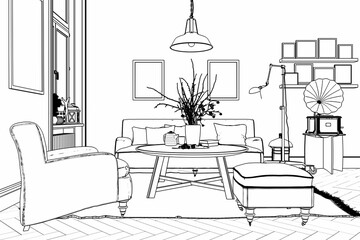 Modern Retro Style Furnishing (scetch) . 3d illustration