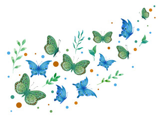 Watercolor banner blue and green butterflies with patterns fly on a white background. Illustration for design, cards, business cards, wedding invitations, fabric, wrapping paper.