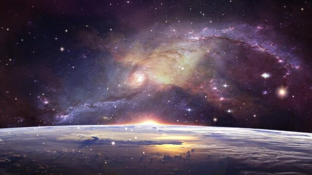Video of universe flyby. Camera moves towards a nebula seen rotating at a distance while stars flyby. Apt for motivational and spiritual videos.