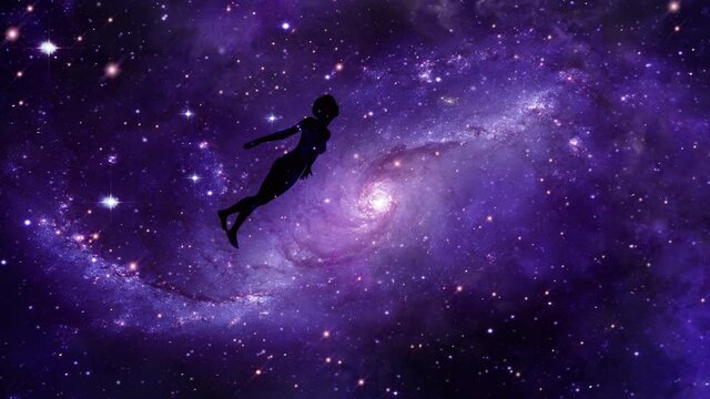 Video of silhouette of a person flying in space depicting a soul flying or having an astral projection. Stars are seen flying in the background.