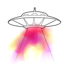Contour illustration of a UFO with a stealing beam and colorful painted stained. Flying saucer. Unknown flying object. Vector outline object for logos, cards, banners and your creativity.