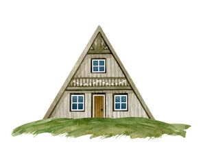 Watercolor little wooden house in the forest. Tiny house on nature. Green field and cute home with lights. Touristic hand drawn postcard. 