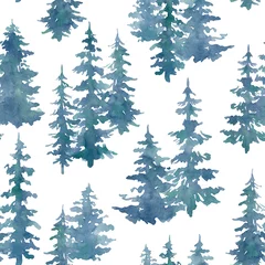 Wallpaper murals Forest Watercolor seamless pattern with blue foggy forest. Evergreen fir trees. Hand drawn background with landscape. Natural, ecological, tourism and hiking theme