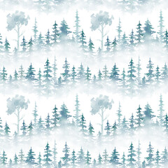 Watercolor seamless pattern with greren foggy forest. Evergreen fir trees. Hand drawn background with landscape. Natural, ecological, tourism and hiking theme