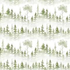 Fototapete Wald Aquarell nahtloses Muster mit grünem Nebelwald. Immergrüne Tannen. Handgezeichneter Hintergrund mit Landschaft. Natur-, Öko-, Tourismus- und Wanderthema