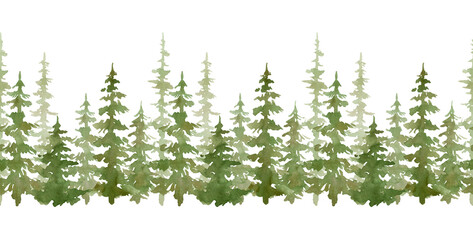 Watercolor seamless border with evergreen trees. Forest elements for landscape creator. Isolated spruce, oaks, pines, fir trees. Coniferous green forest