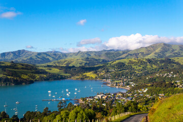 Akaroa scenic view, lookout point from a hill, Banks peninsula, South Island, New Zealand, right...