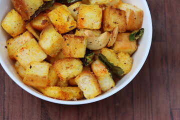 Bread upma, South Indian breakfast or snack made with letfover breads and spices, quick foods