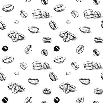 hand drawn vector seamless pattern of coffee beans. monochrome image.