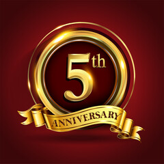 Celebrating 5th golden anniversary, Design Logo of Anniversary celebration with gold ring and golden ribbon.