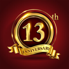 Celebrating 13th golden anniversary, Design Logo of Anniversary celebration with gold ring and golden ribbon.