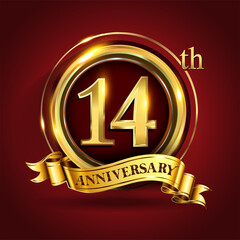 Celebrating 14th golden anniversary, Design Logo of Anniversary celebration with gold ring and golden ribbon.