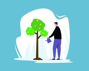 Vector illustration of investment concept of watering a tree