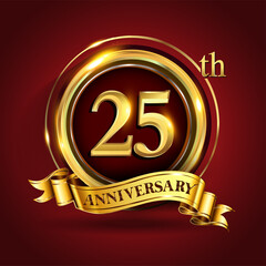 Celebrating 25th golden anniversary, Design Logo of Anniversary celebration with gold ring and golden ribbon.