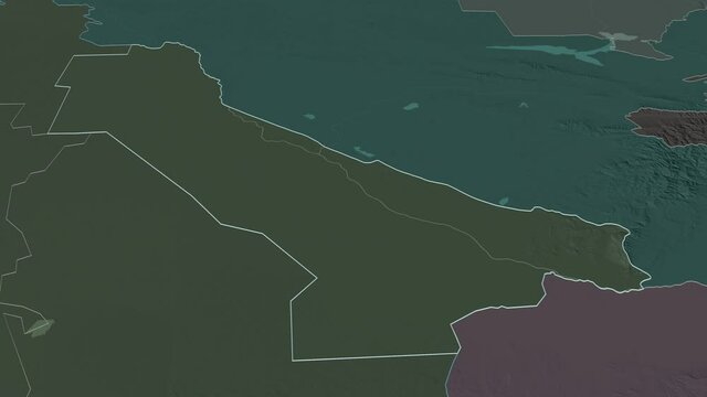 Chardzhou, province with its capital, zoomed and extruded on the administrative map of Turkmenistan in the conformal Stereographic projection. Animation 3D