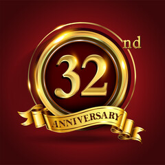 Celebrating 32nd golden anniversary, Design Logo of Anniversary celebration with gold ring and golden ribbon.