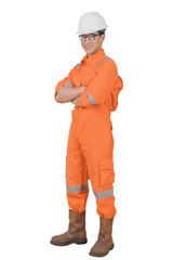 Asian confident and smart engineer man wearing coveralls suit and helmets for safety on offshore...