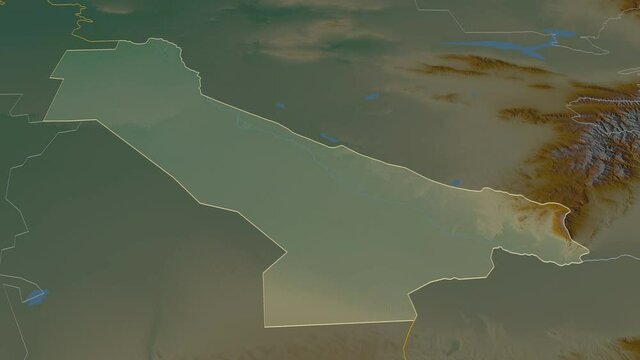 Chardzhou, province with its capital, zoomed and extruded on the relief map of Turkmenistan in the conformal Stereographic projection. Animation 3D
