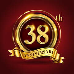 Celebrating 38th golden anniversary, Design Logo of Anniversary celebration with gold ring and golden ribbon.