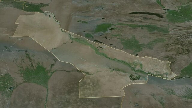 Chardzhou, province with its capital, zoomed and extruded on the satellite map of Turkmenistan in the conformal Stereographic projection. Animation 3D