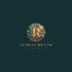 Letter R golden luxurious circle floral decorative logo