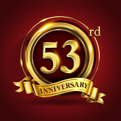 Celebrating 53rd golden anniversary, Design Logo of Anniversary celebration with gold ring and golden ribbon.