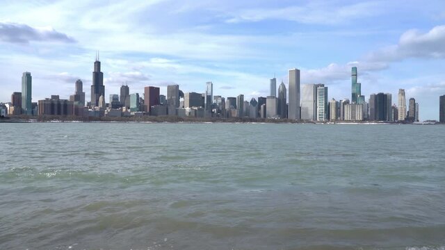 Panning shot of the Chicago Skyline and high Lake Michigan water levels along the Museum Campus
