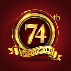 Celebrating 74th golden anniversary, Design Logo of Anniversary celebration with gold ring and golden ribbon.