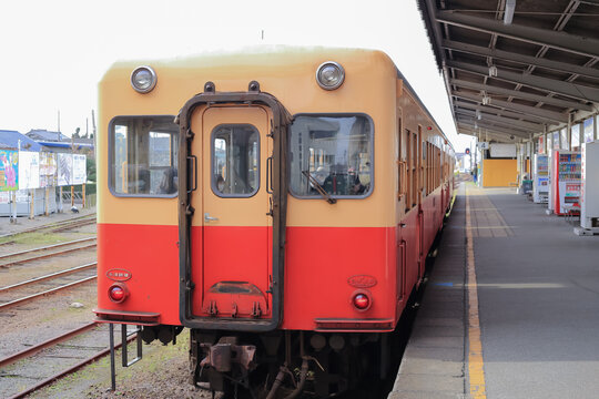 Chiba, Japan, 12/15/2019 , Historic train on the line Goi-Satomi, in Chiba prefecture, in the Goi station.