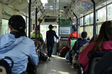 Fototapeta na wymiar Yorokeikoku, Chiba, Japan, 12/15/2019 , bus from Satomi to Yorokeikoku station, substituting the train, due to the Recent typhoon.