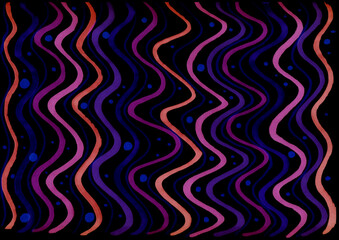 freehand abstract background with live materials, bright purple and pink waves with markers and blue circles on a black background