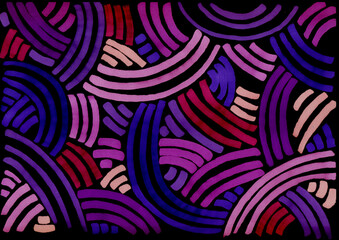 freehand abstract background with live materials, bright purple circles with markers on a black background