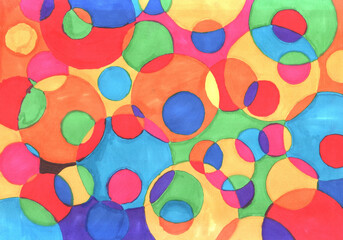 freehand abstract background with live materials, bright colored circles with markers, rainbow bubbles