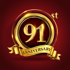 Celebrating 91st golden anniversary, Design Logo of Anniversary celebration with gold ring and golden ribbon.