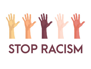 Stop racism icon. Motivational poster against racism and discrimination. Many hands of different races together . Vector Illustration