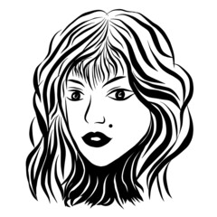 Girl portrait. Hand drawn vector illustration on white background. Black and white ink style.
