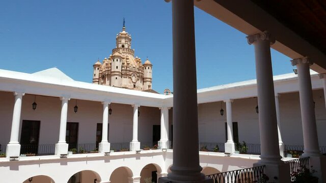 Argentina Cordoba cathedral tower and patio with view in Cabildo palace