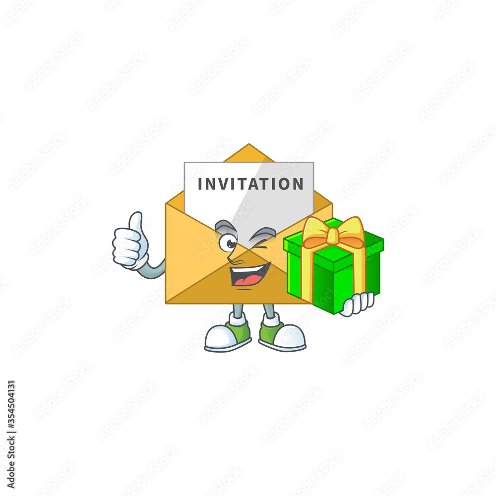 Canvas Prints Happy smiley invitation message cartoon mascot design with a gift box