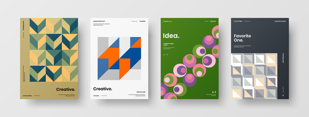 Fototapeta premium Company identity brochure template collection. Business presentation vector A4 vertical orientation front page mock up set. Corporate report cover abstract geometric illustration design layout bundle.