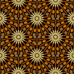 Boho vector tiled round mandalas seamless pattern. Geometric abstract ornamental Deco background. Geometry shapes, zig zag lines, circles, Ornate tribal folk style repeat ornaments. Ethnic design