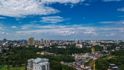Fototapeta premium Aerial top view of Kyiv cityscape, Podol historical district skyline from above, city of Kiev, Ukraine 