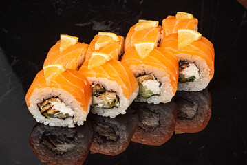 sushi on the black background